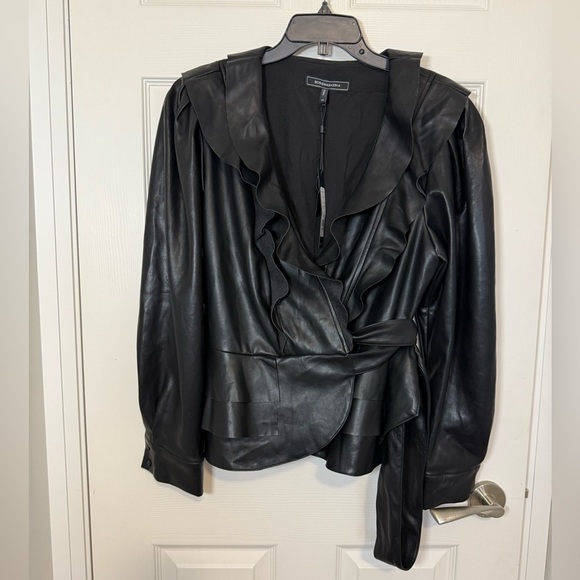 BCBGMAXAZRIA Black Ruffled Faux Leather wrap top- NWT- size XL - Picture 2 of 13